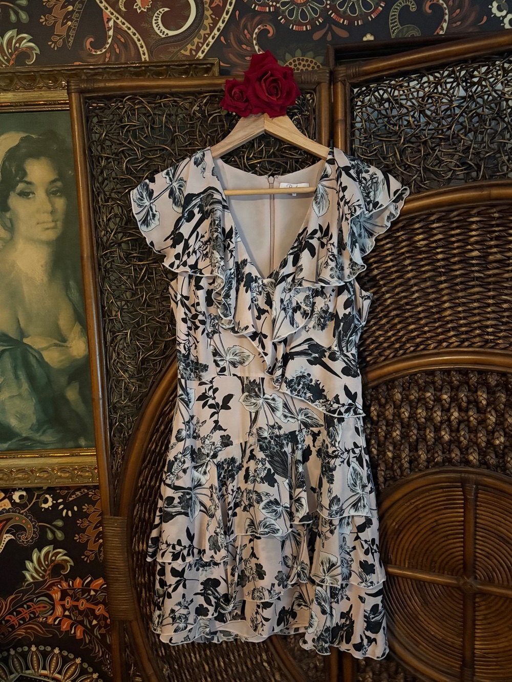 Parker Botanical Ruffle Mini Dress Black Dusty Pink Size 4 Silk Blend